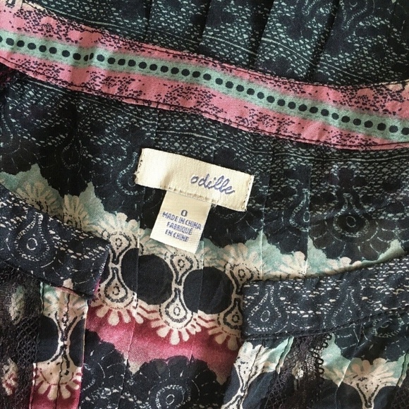 Anthropologie ODILLE Silk Ruffle Pleated Print Blouse Top Banded Hem Size 0 - Picture 9 of 12